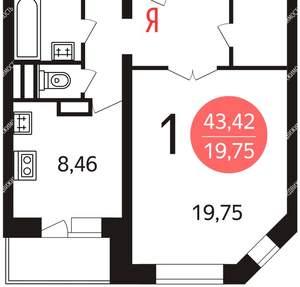 1-к квартира, вторичка, 43м2, 10/16 этаж